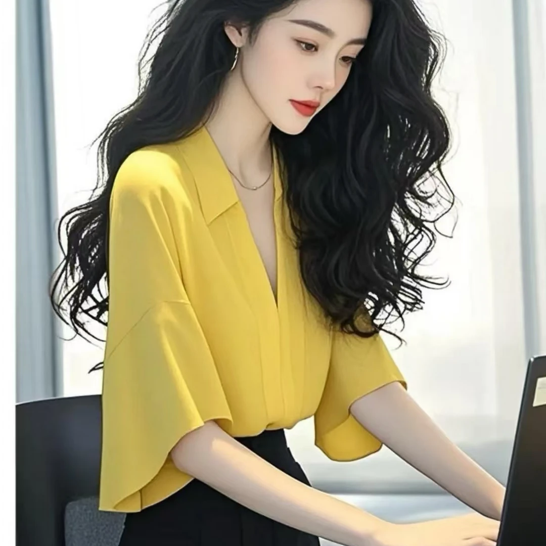黄色轻奢高级感雪纺短袖上衣2025夏季新款法式小众宽松减龄衬衣女