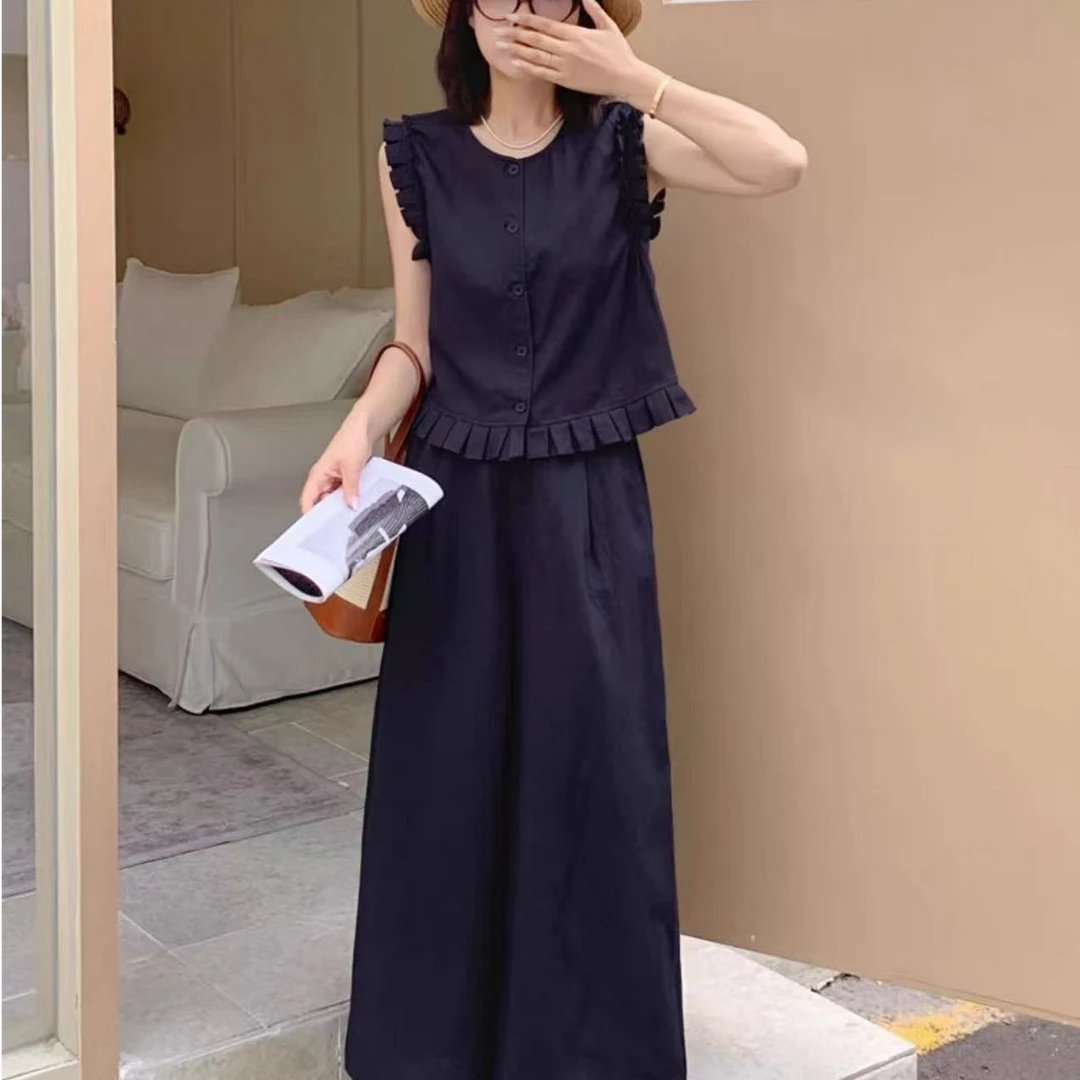 夏季韩系贵气感时尚无袖上衣休闲阔腿裤套装