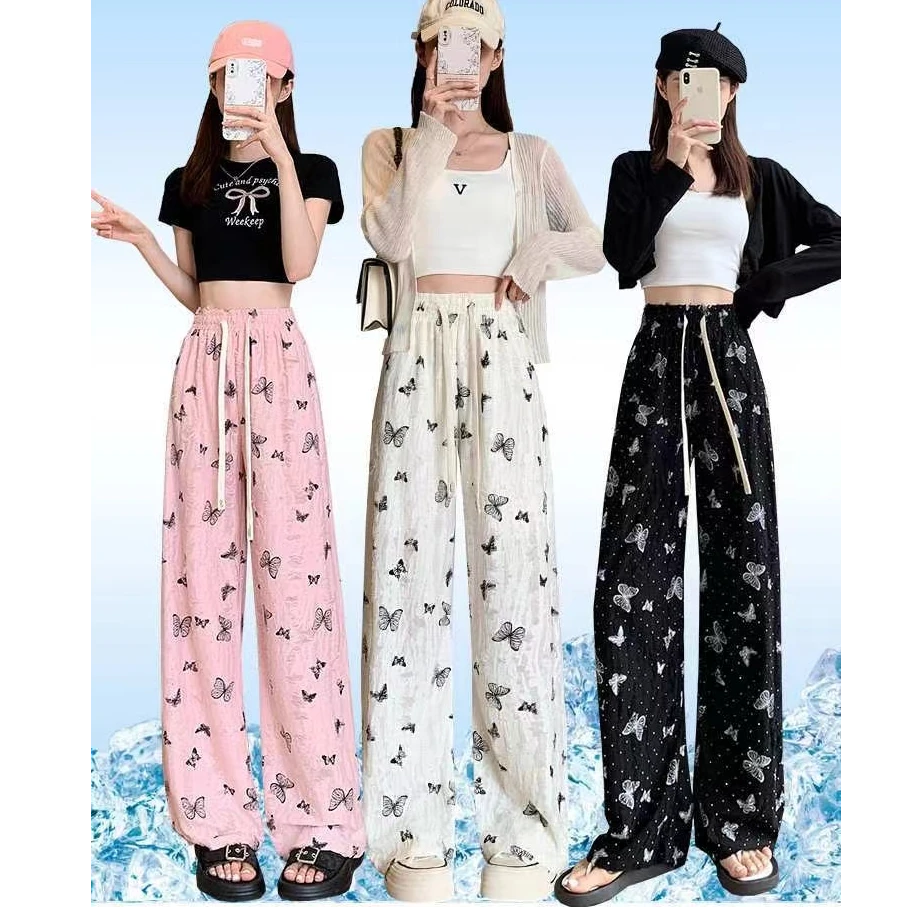 烫钻破洞蝴蝶印花休闲裤高腰直筒裤子女松紧腰垂感长裤阔腿裤女