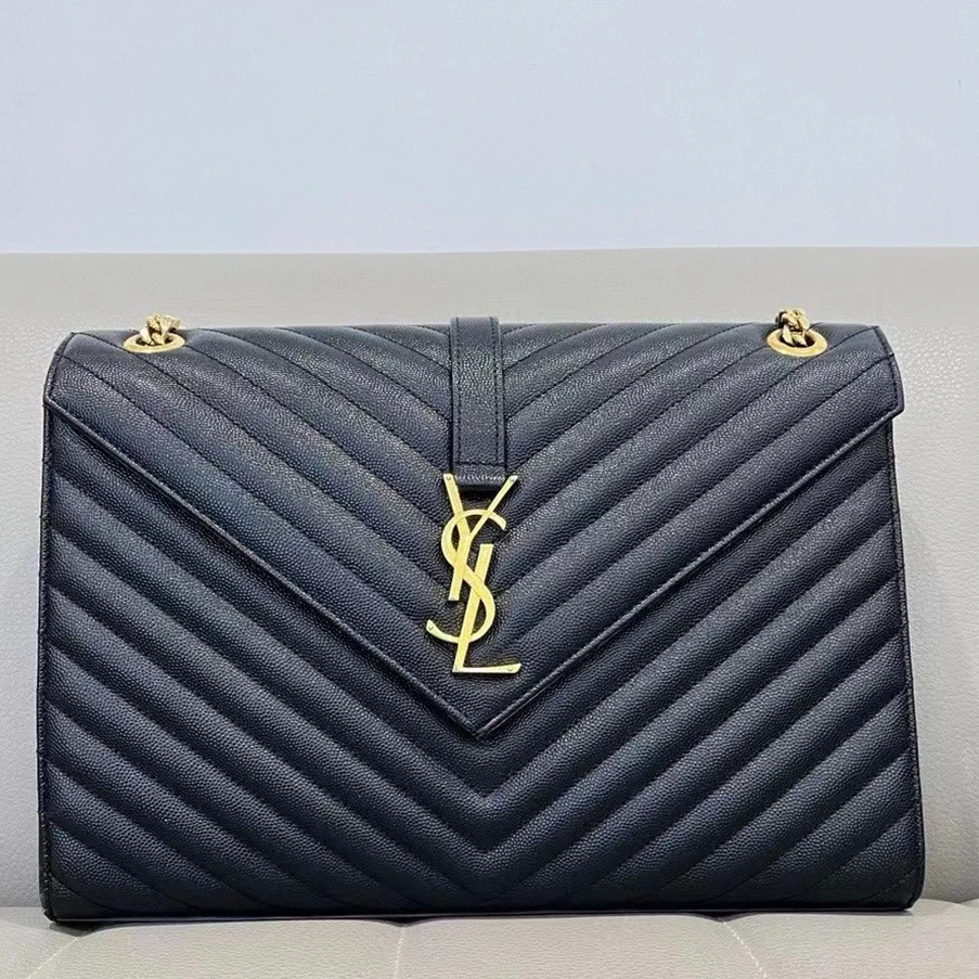 99新 YSL/圣罗兰 衔缝牛皮ENVELOPE黑色金标新款鱼子酱托特大号
