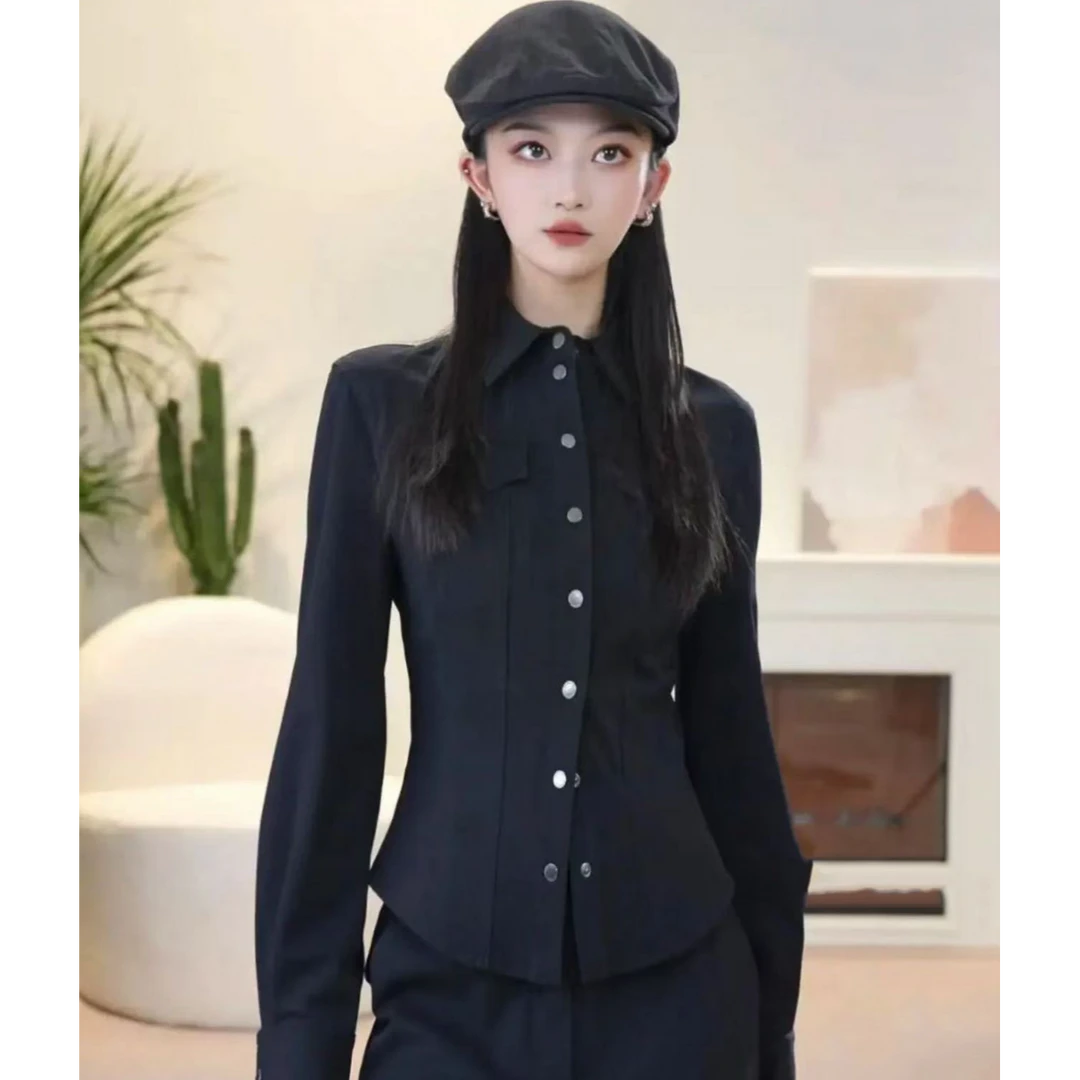 【商场同款】2025新款女装经典收腰显瘦翻领长袖牛仔衬衫1301061