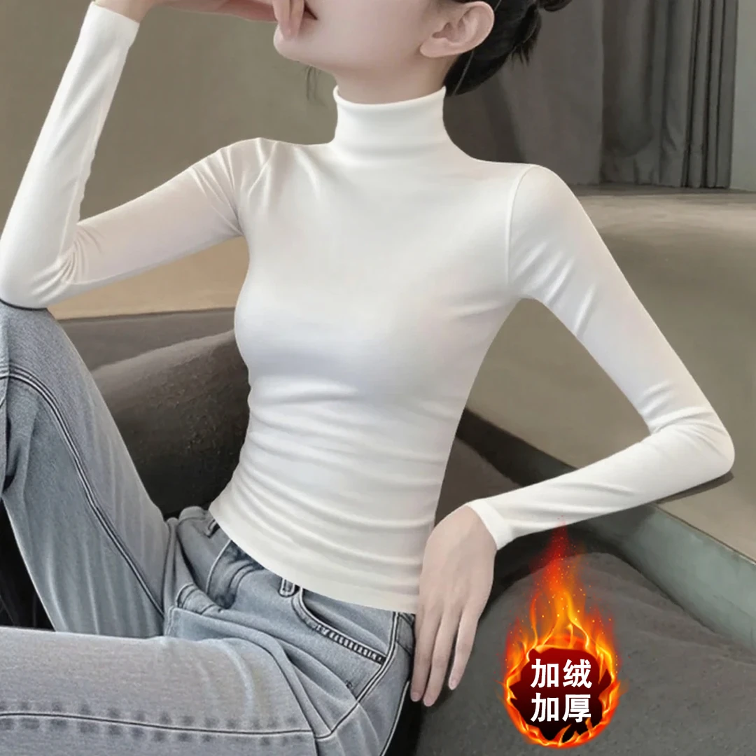 德绒白色高领长袖打底衫女内搭新款秋冬洋气修身显瘦加厚保暖上衣