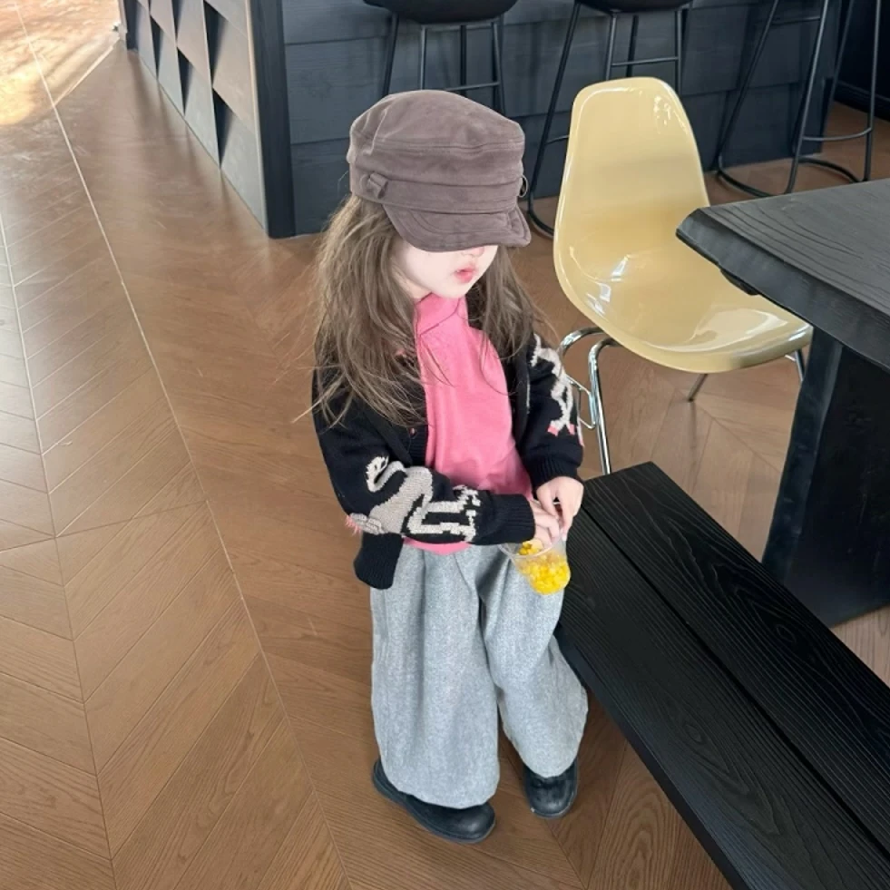 壹妈童装女童2025秋季新款套装洋气儿童黑色针织开衫灰色休闲卫裤