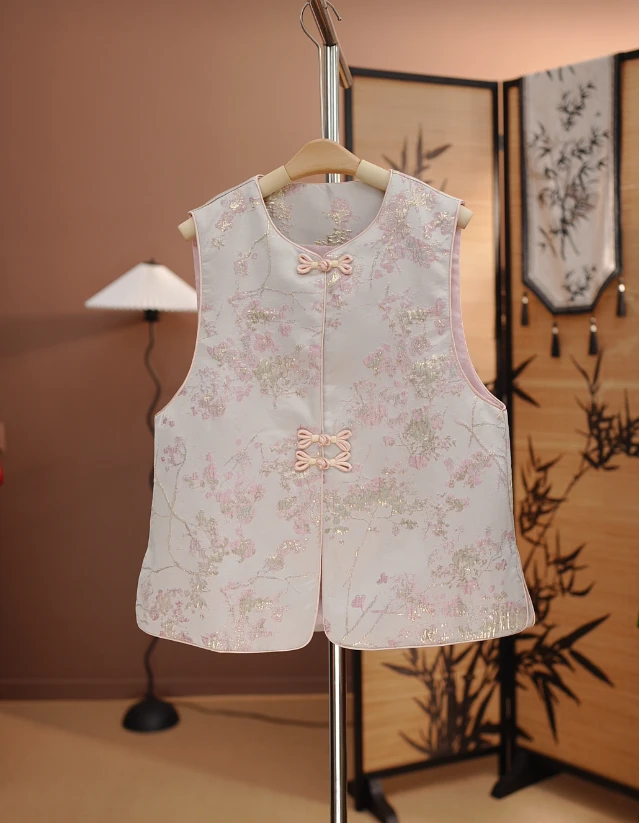 【粉黛】DY复古春款圆领上衣新中式国风织锦文艺马甲马夹女提花马甲