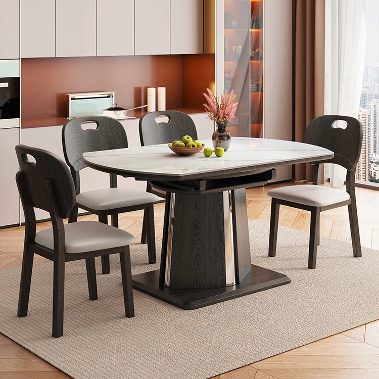 【白蜡木材质】轻奢岩板餐桌椅组合折叠伸缩储物桌子松弛感餐厅桌子