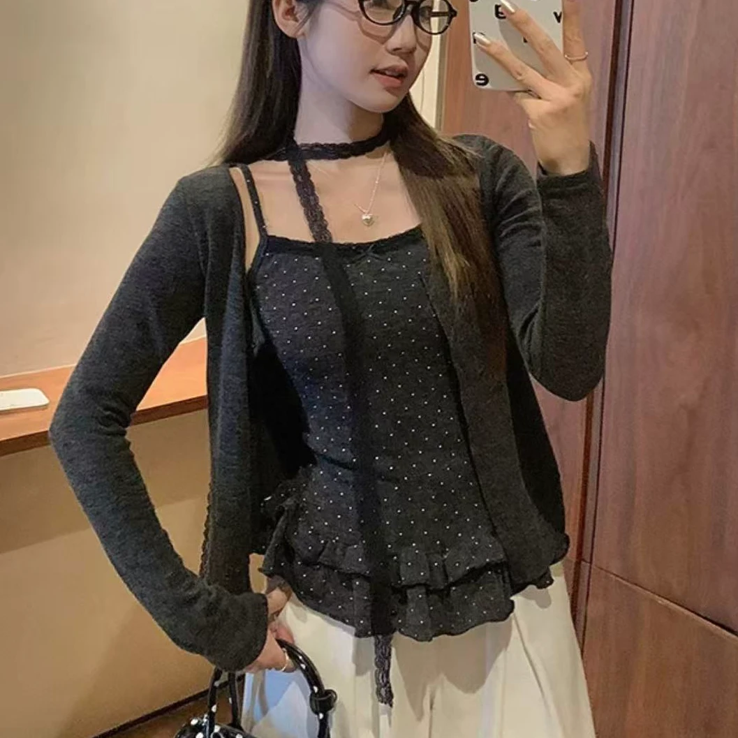 婷婷家温柔氛围两件套女韩系百搭开衫波点荷叶边吊带背心套装秋