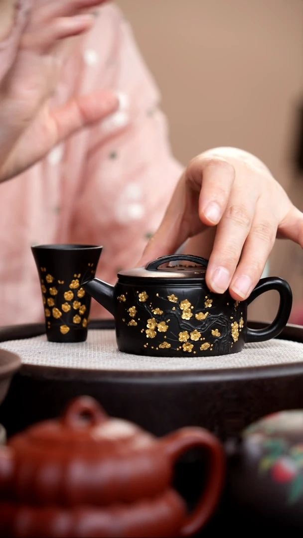 茶壶紫砂捂灰朱泥描金梅花汉瓦+杯