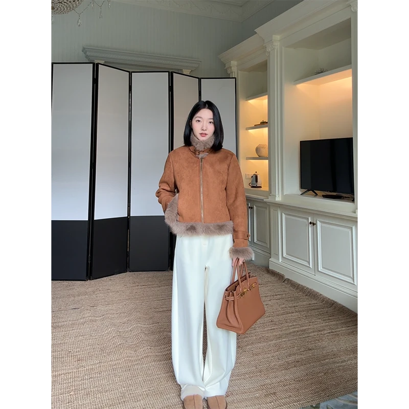 郭九九呢 帅气复古立领宽松毛毛麂皮绒外套休闲弯刀裤 G924T18128