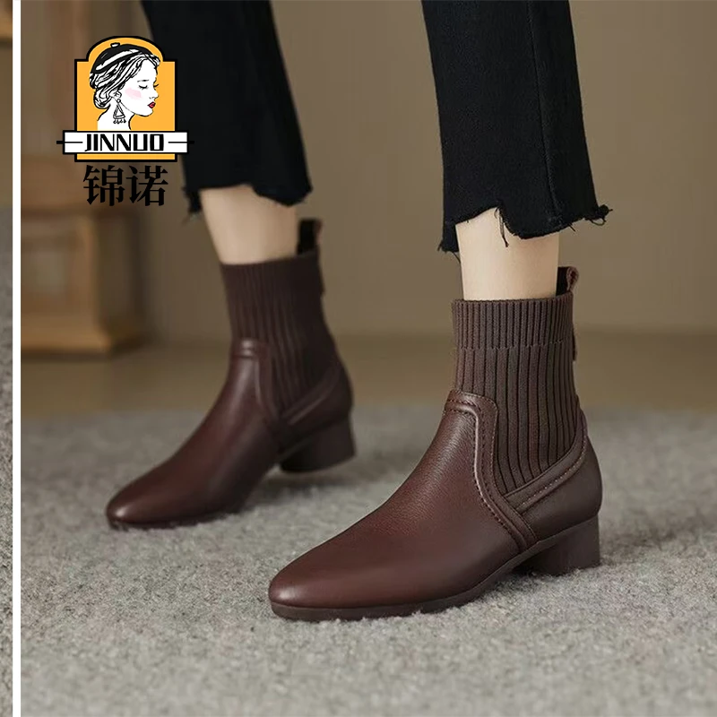 【小潘严选】靴子女真皮软底加绒保暖简约靴子洋气百搭短靴女26026