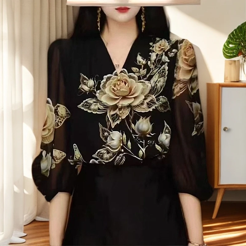 新款高端定位花印花七分袖V领显瘦小衫设计师气质百搭女衬衣2160