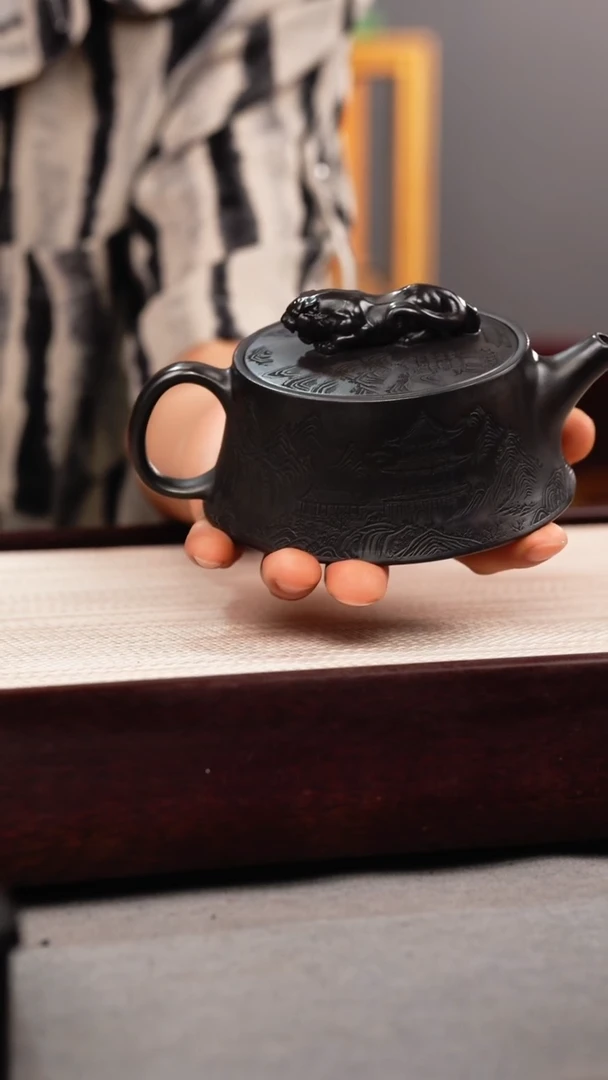 茶杯紫砂石黄 虎钮柱础 刻绘