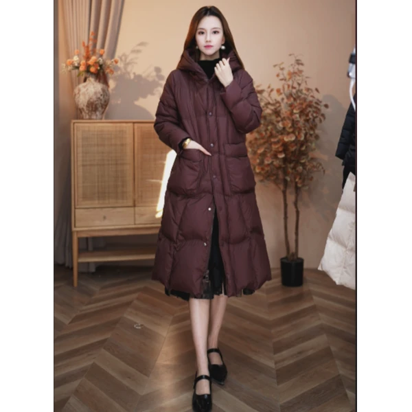 【新款】冬季纯色百搭宽松中长款过膝女口袋加厚连帽白鸭绒羽绒服