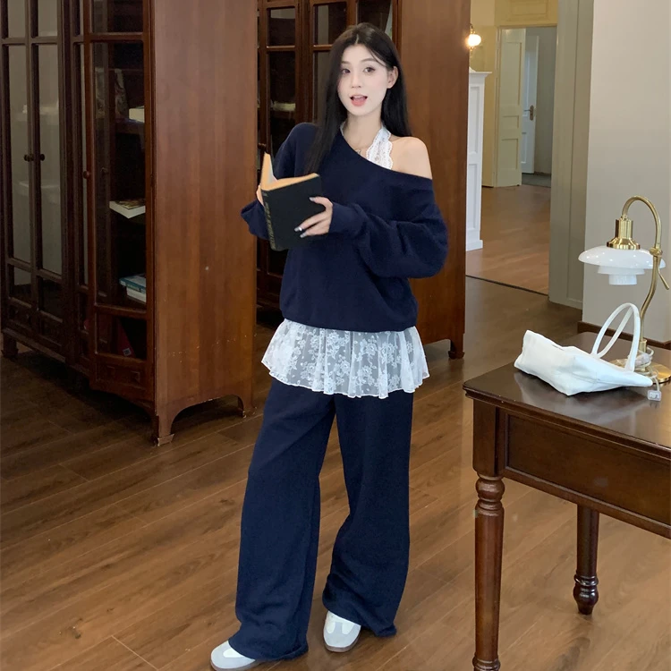 【小可爱专属】薄款V领蕾丝衫藏青色斜领卫衣气质休闲裤两件套女