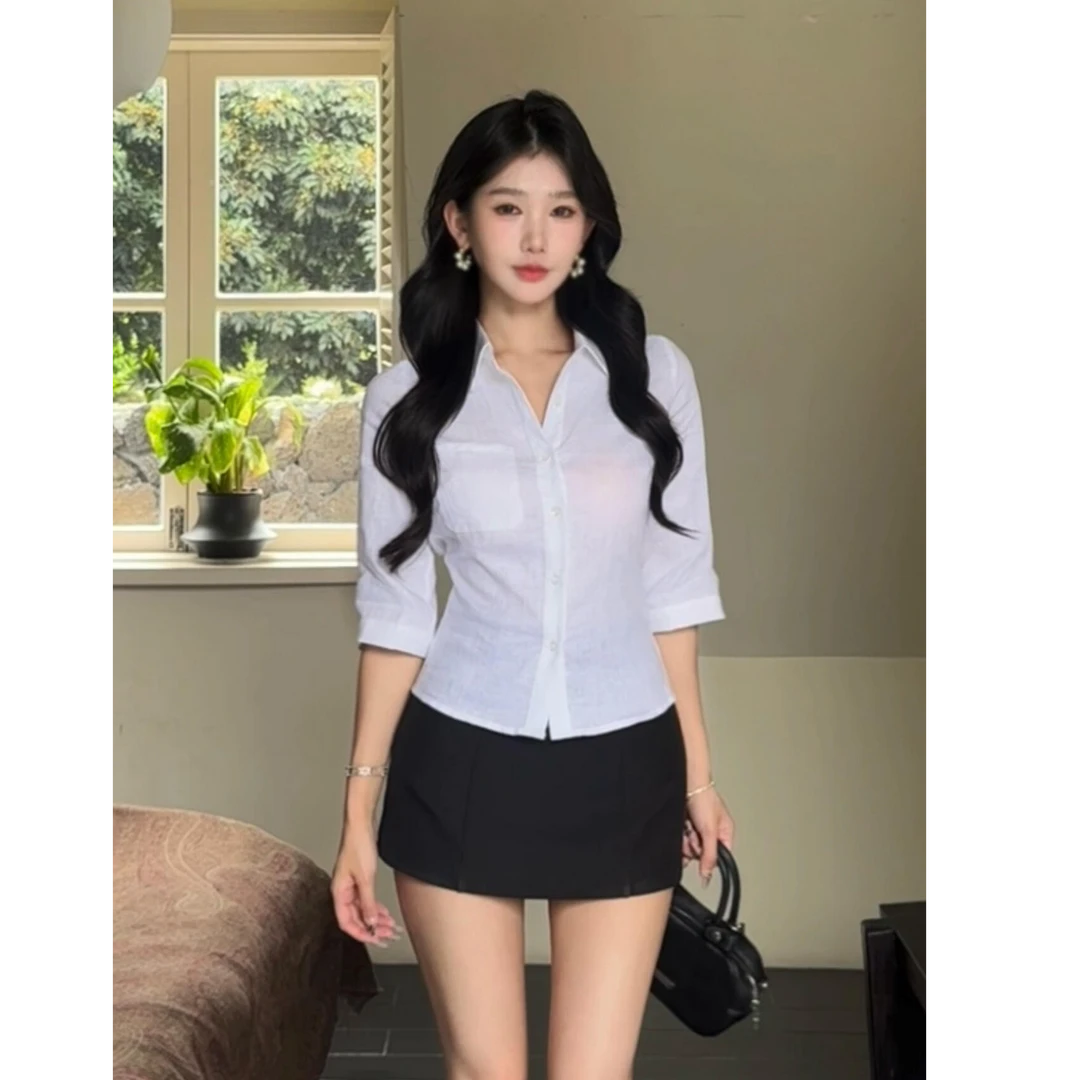 2025夏季新款时尚气质米白色翻领长袖衬衫上衣搭高腰显瘦半身裙女
