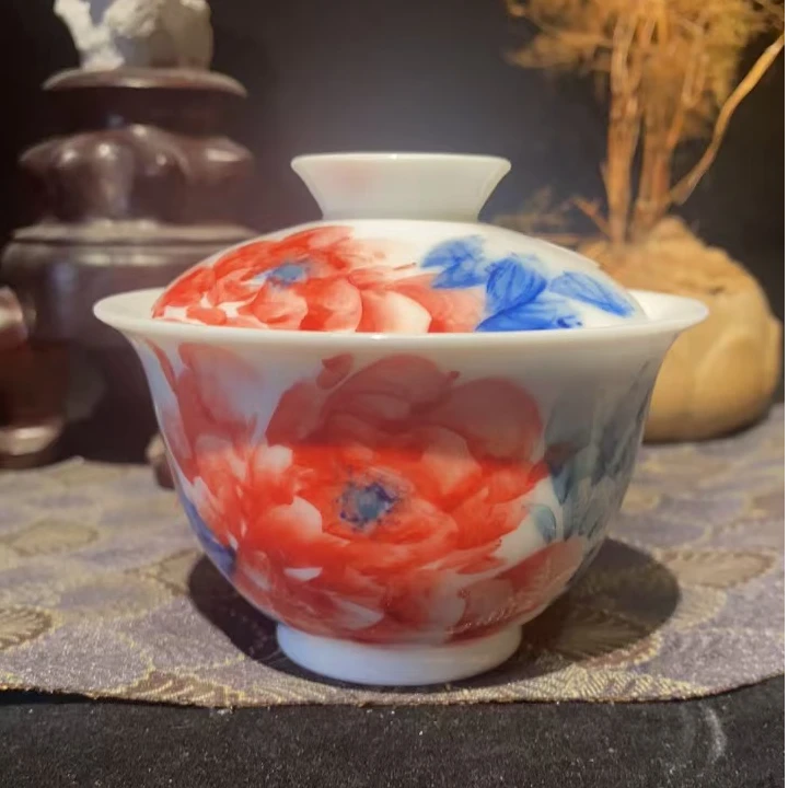 景德镇昱器牡丹花盖碗微瑕