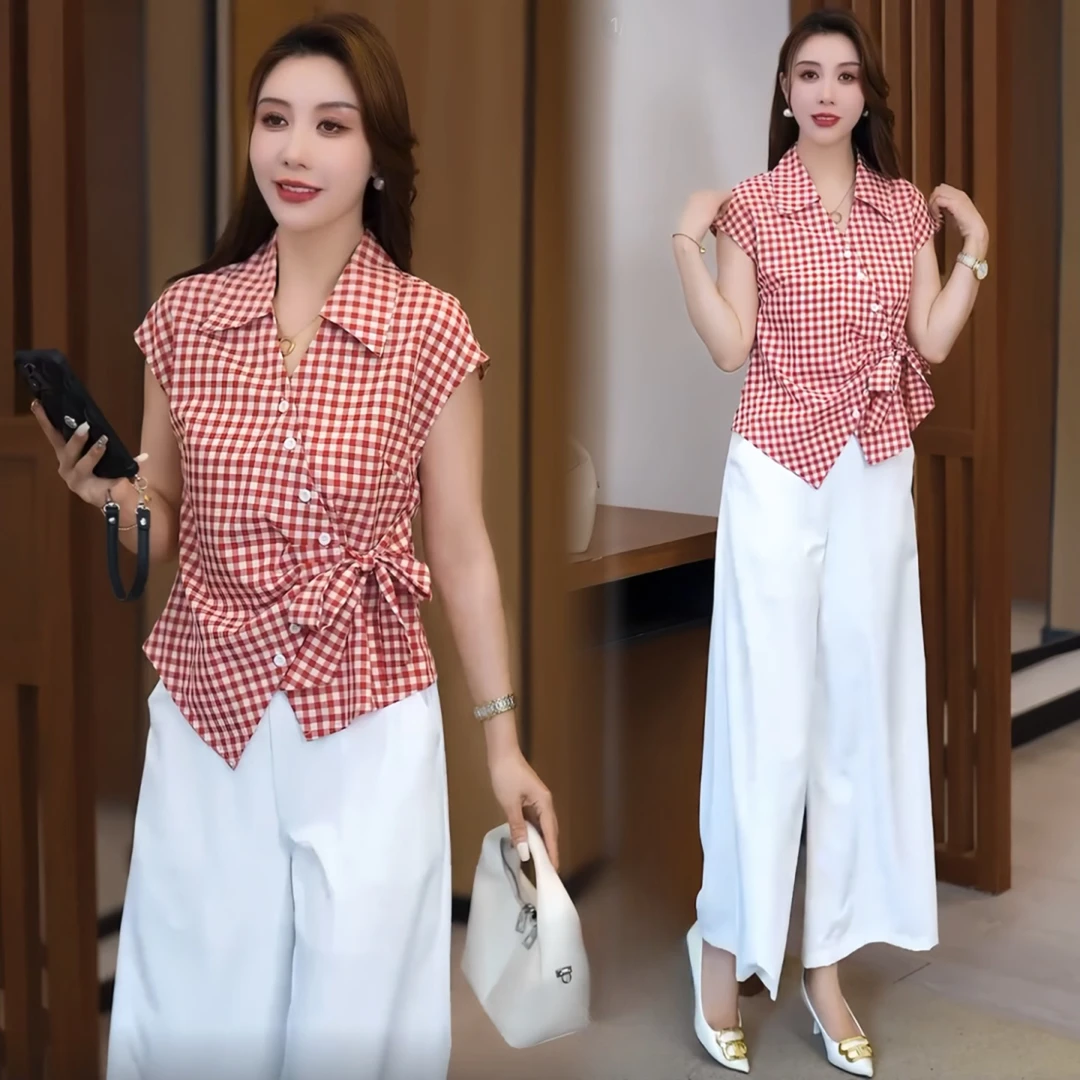 时尚休闲套装女夏季新款不规则收腰格子短袖上衣薄款阔腿裤两件套