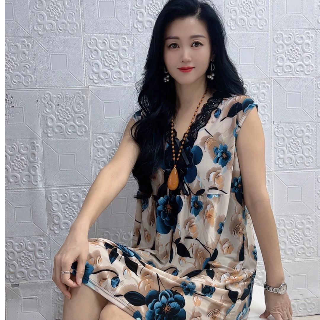 花女人506洋气时尚女士蝴蝶结宽松无袖夏季印花性感网红家居裙