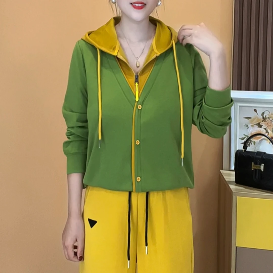 春季百搭长袖时尚休闲拼色连帽洋气宽松气质女士上衣