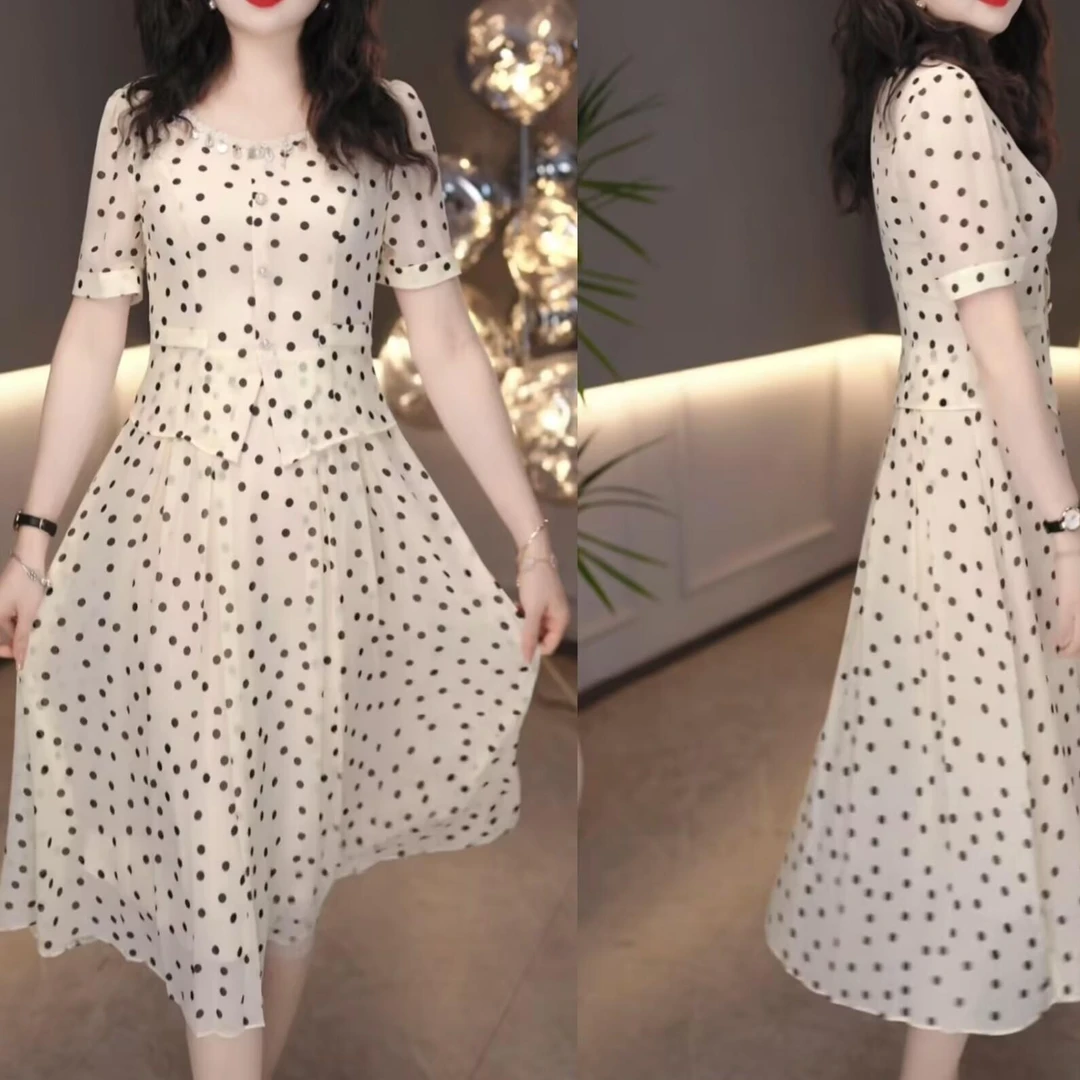2025夏季新款气质小香风减龄百搭波点加色假两件连衣裙M-4XL