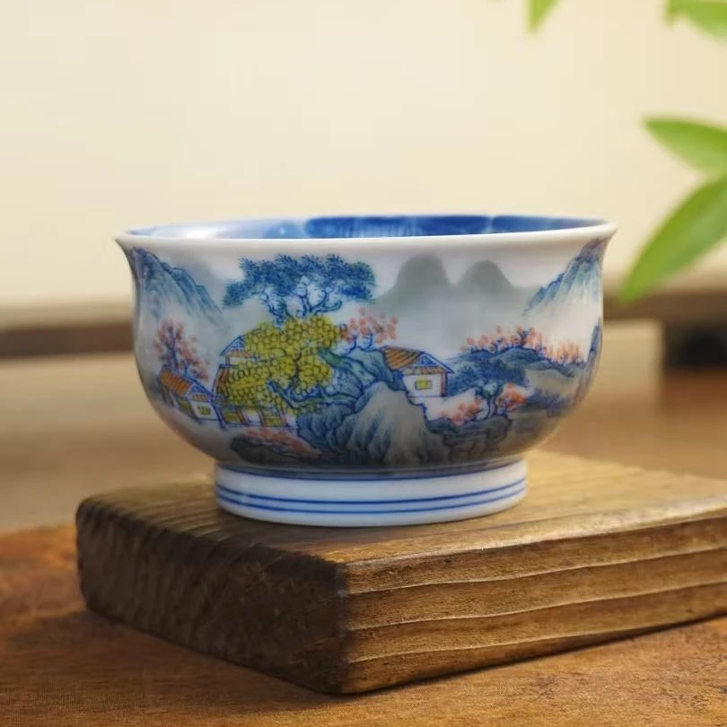 德物小雅纯手工手绘青山绿水山水主人杯青花釉下五彩景德镇柴窑