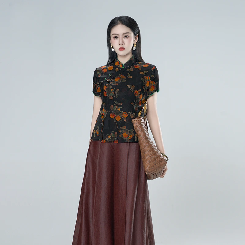 香云纱（如愿）印花花萝复古气质女士短袖套头日常上衣-60632