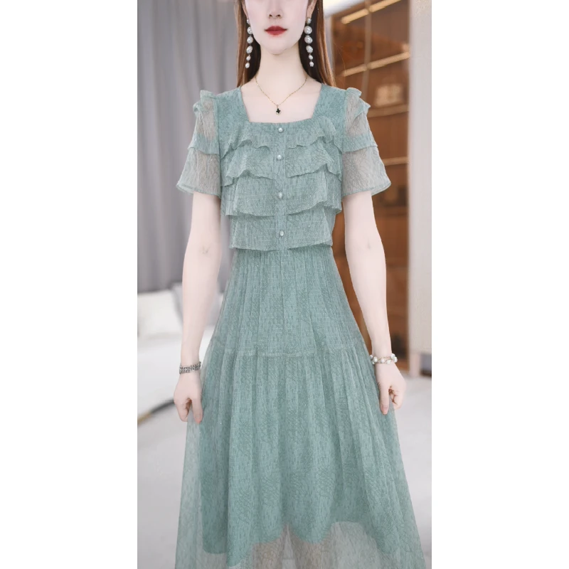 【连衣裙】夏季新款平领纯色高贵减龄显瘦收腰中长款连衣裙M-4XL