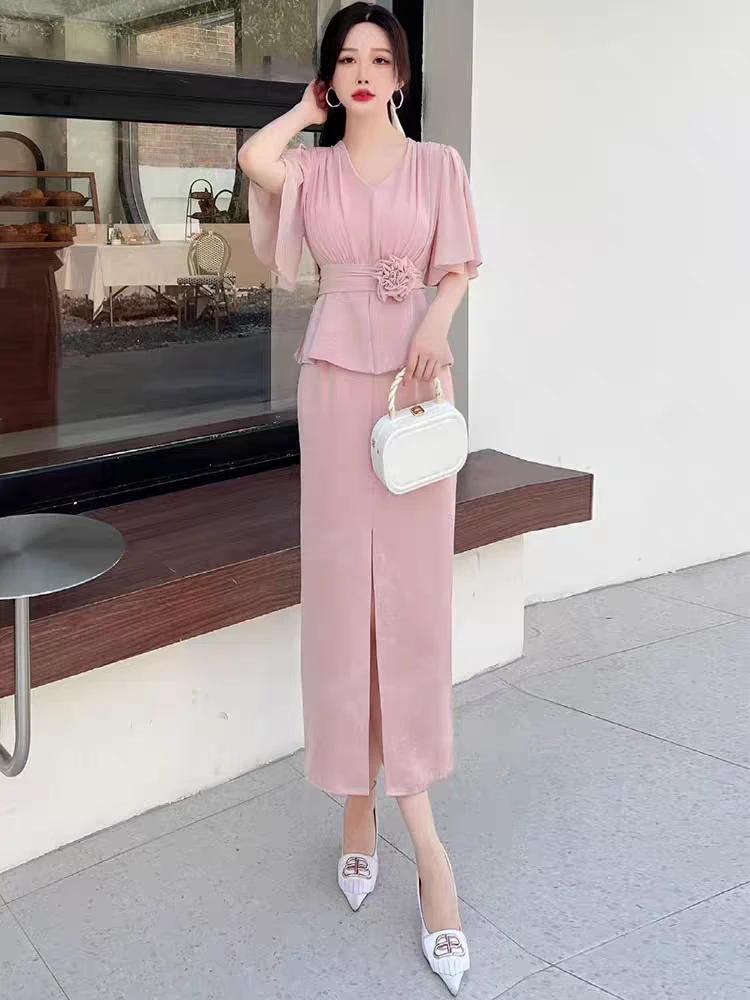 2550-A-5-9-4新款夏荷叶袖气质印花高腰开叉显瘦修身包臀连衣裙