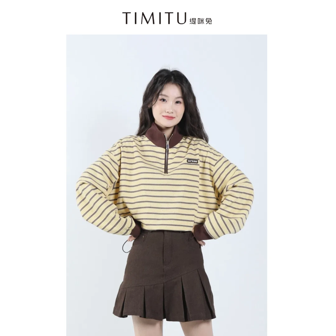 TIMITU缇咪兔美式复古黄油休闲条纹撞色薄款套头卫衣34320015
