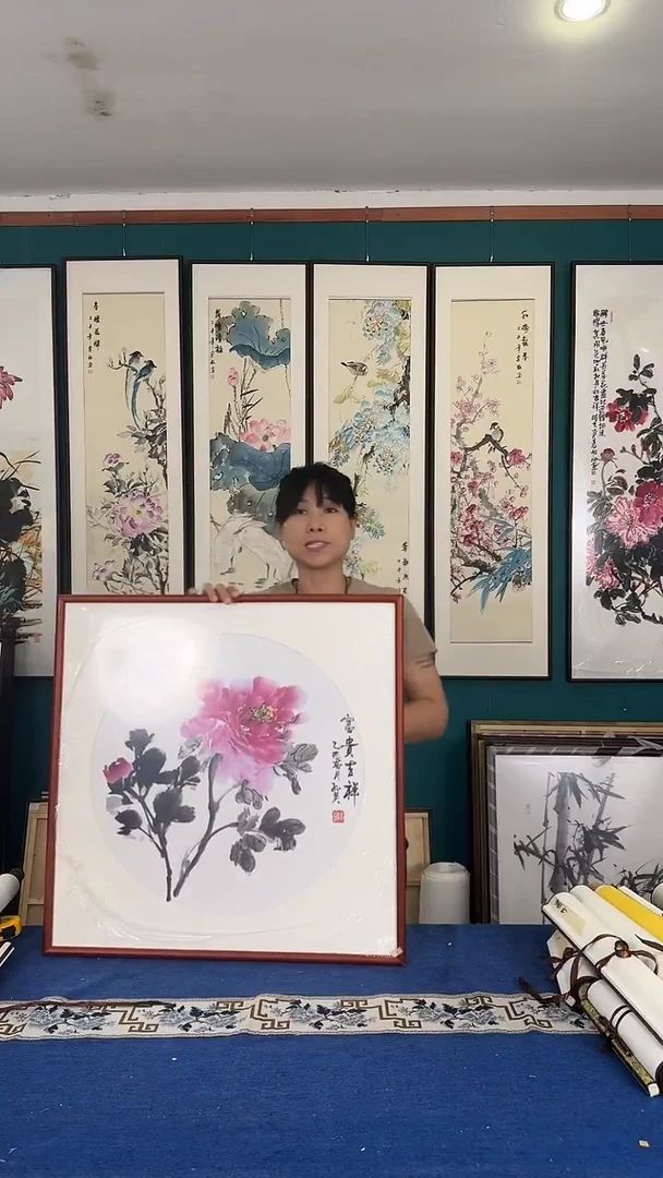 国画牡丹 实木装裱 63*63