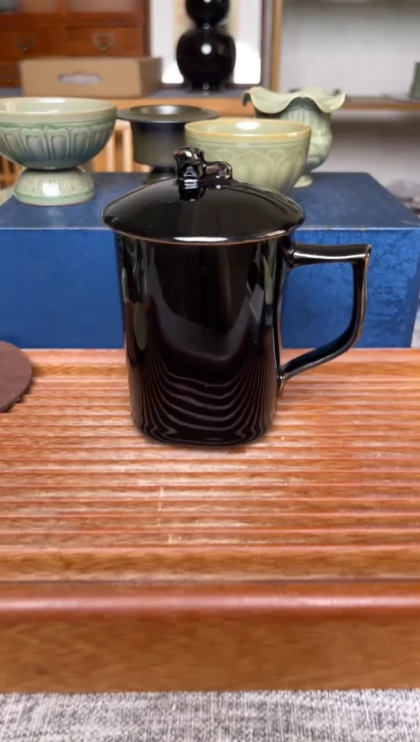 瓷器耀州窑黑釉办公杯 微瑕