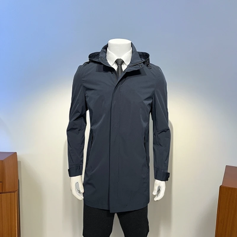 路茨梅帕可脱卸连帽中长款风衣男士商务休闲纯色披风外套年春秋款