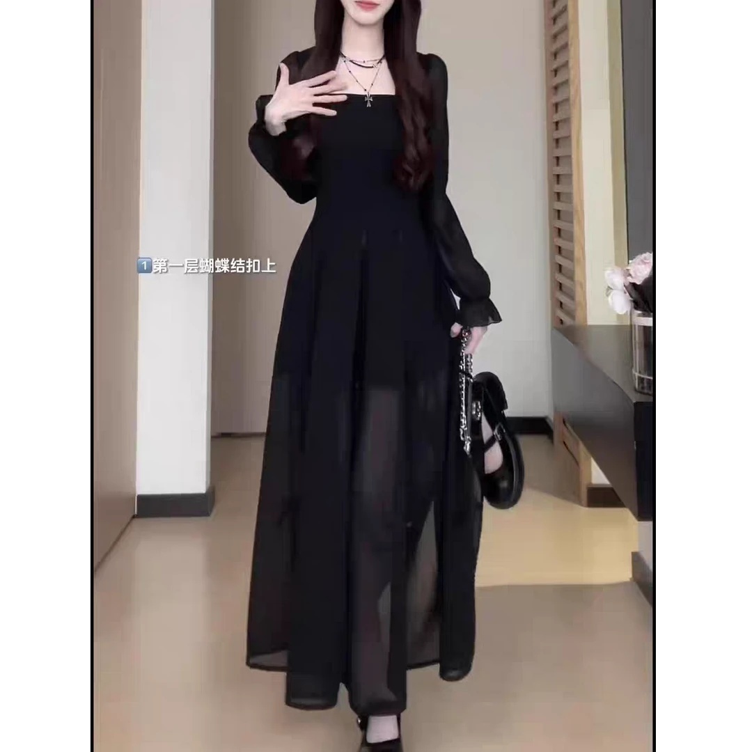 赫本风黑色蝴蝶结长裙子2025春季减龄收腰气质法式复古长袖连衣裙