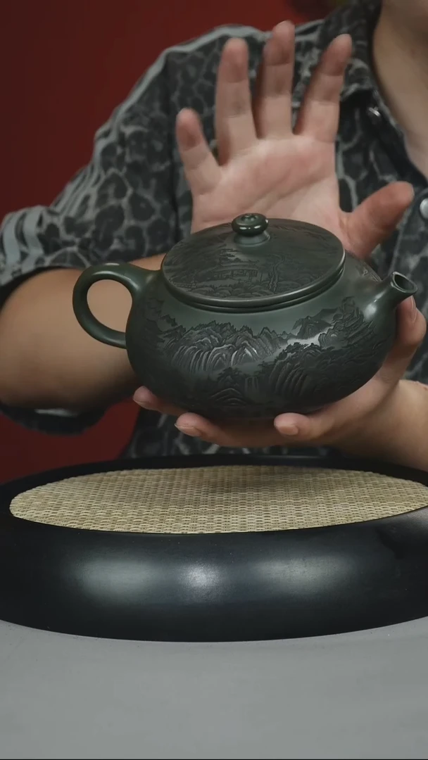 茶壶紫砂绿泥 寒江 刻绘山水