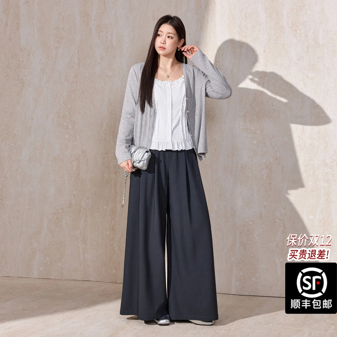 蓝语大码胖mm秋冬新款针织开衫上衣白色木耳边吊带背心套装17651