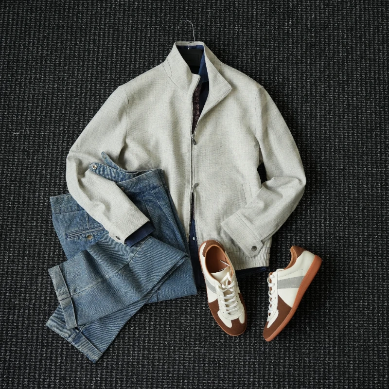 CssuGent 羊毛天丝休闲立领高端夹克男时尚老钱风经典百搭外套潮