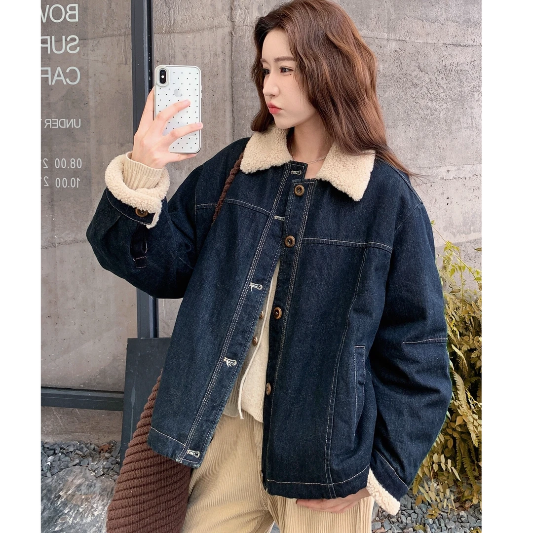 羊羔毛拼接牛仔外套女2025冬季新款小个子减龄超火巨好看短款棉服