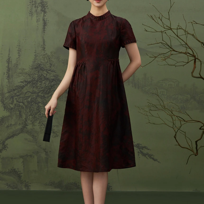 CHEN HENG 香云纱绣花短袖连衣裙扎染显瘦国风中长款裙子