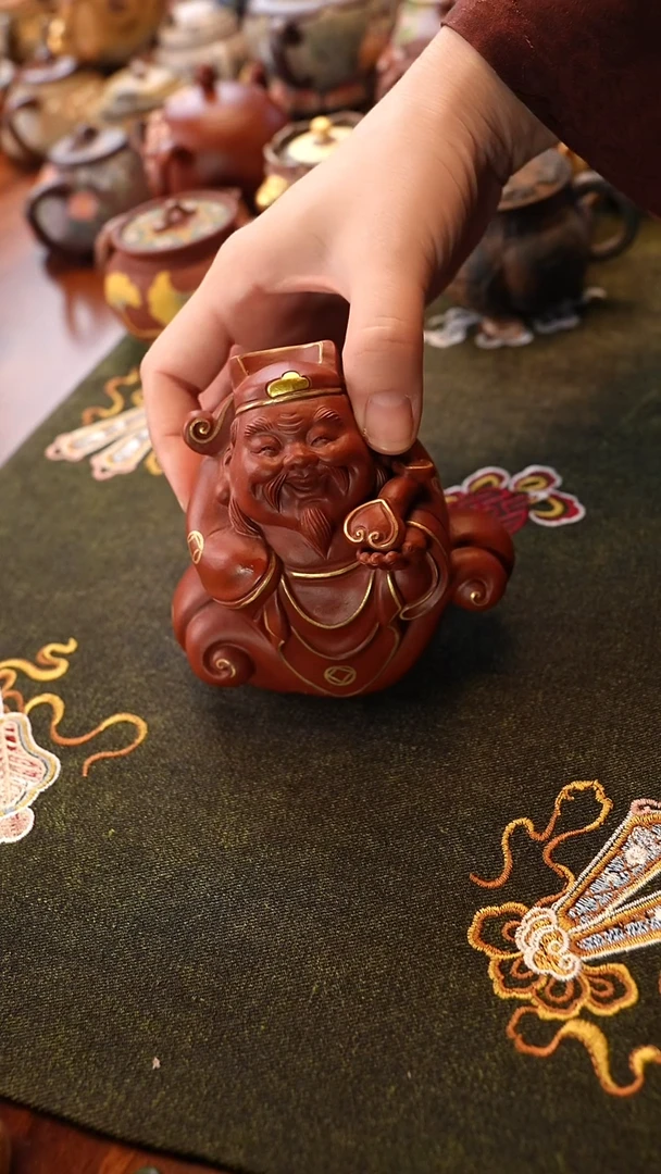 茶壶紫砂红泥财神