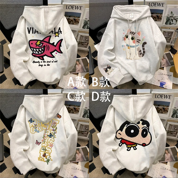 重磅500克纯棉加绒加厚连帽卫衣仿刺绣印花百搭潮流青春活力ins