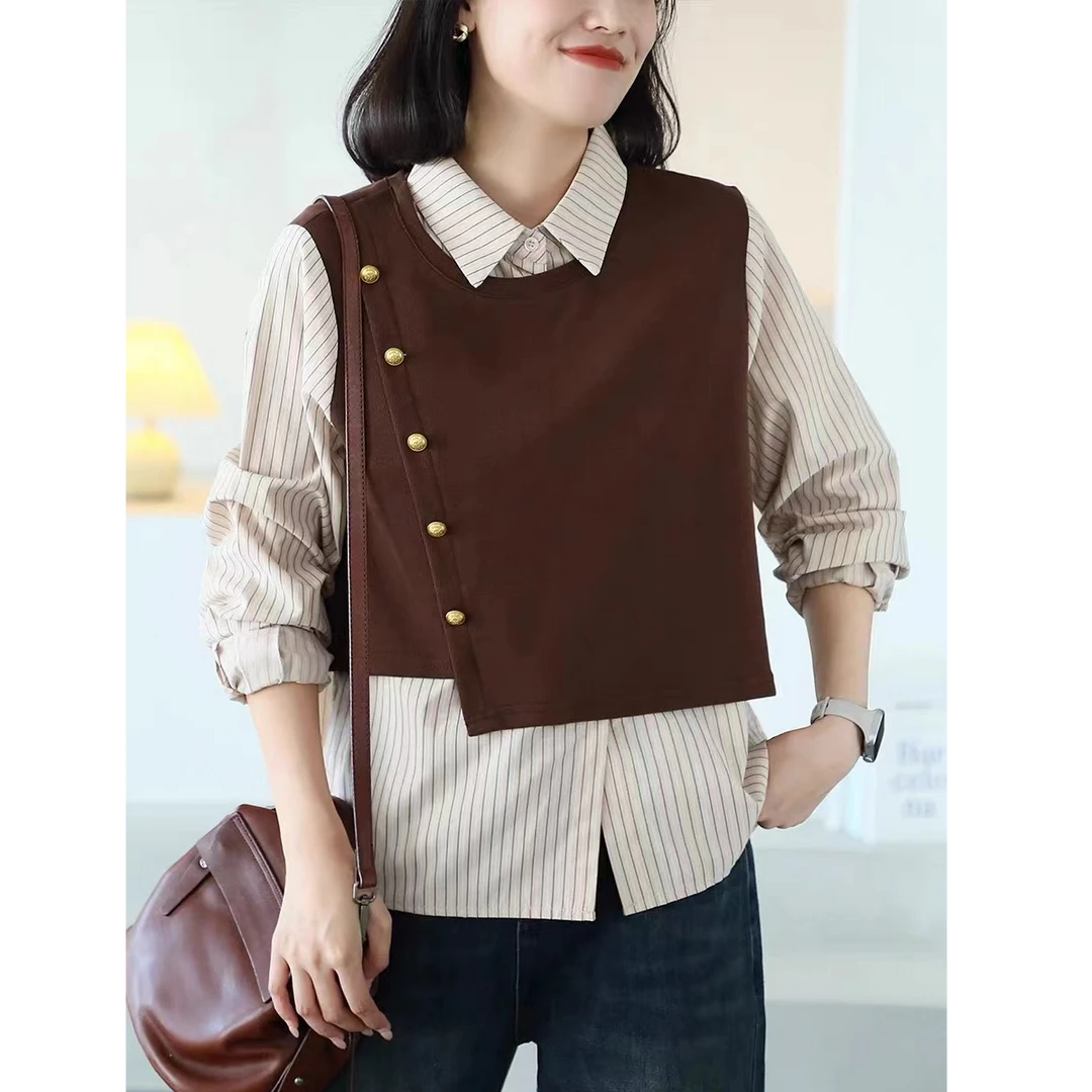 X2605假两件衬衫女条纹拼接休闲百搭宽松显瘦春季新款韩版上衣