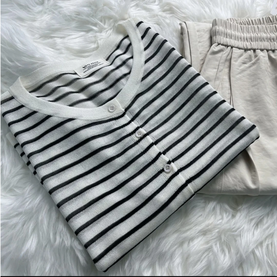 【运费补贴】亚麻黑白条纹长袖防晒针织开衫女2025春夏质上衣