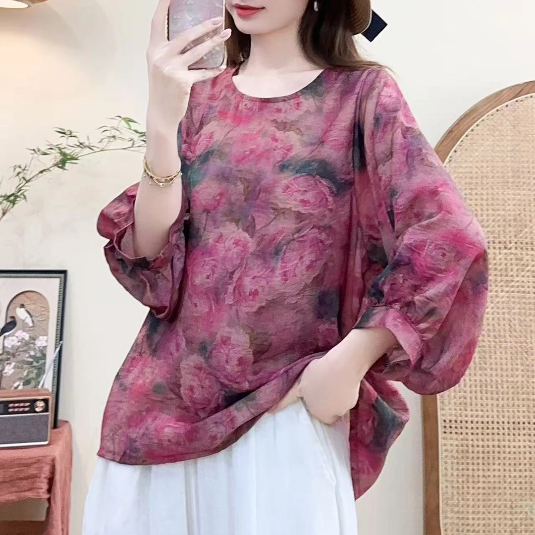 7034新款夏季优雅减龄碎花宽松显瘦T恤QZ