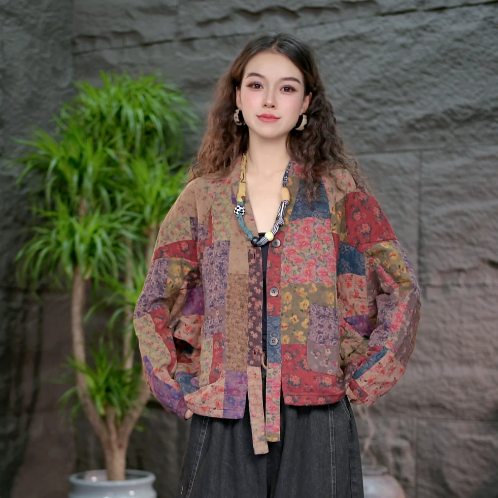 【纯棉外套】秋季厚款时尚长袖印花女装百搭文艺中式短外套