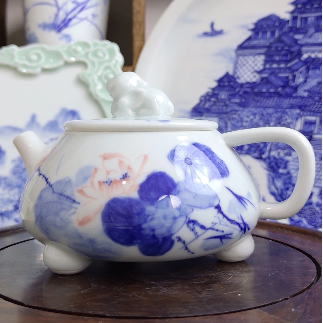 手绘青花瓷和为贵三足福寿壶泡茶壶纯手工