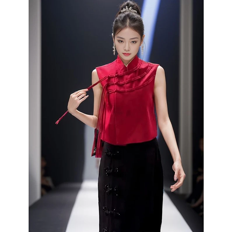 夏季杨幂同款新中式国风盘扣马夹女2025年新款冷淡高级感红色马甲