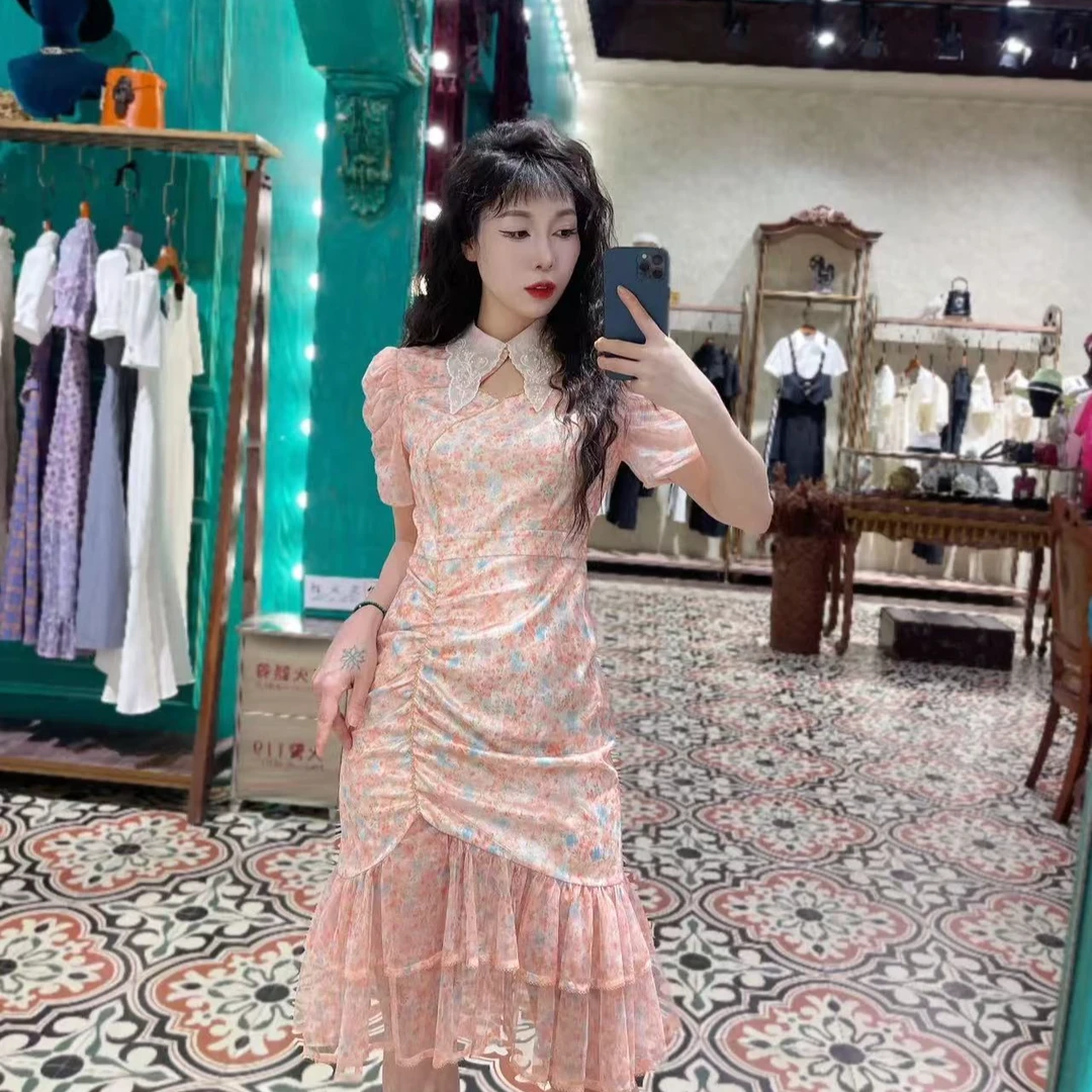 泡泡袖中腰挂脖式显瘦甜美长裙复古短袖娃娃领碎花连衣裙女装