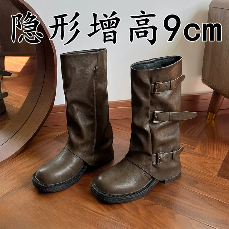 小个子内增高9cm西部牛仔靴女2025秋冬新款复古粗跟中筒靴骑士靴