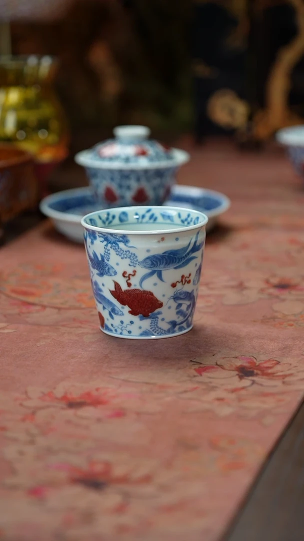 杯子屹朴青花釉里红鱼多多直口杯买买买