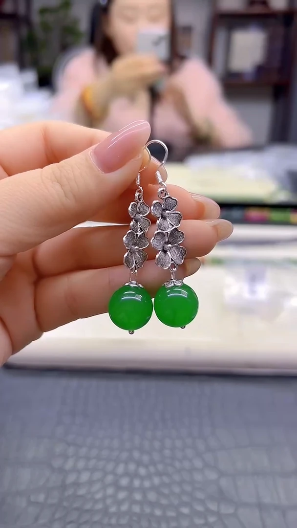 银S925镶嵌翡翠耳饰DIY款E974