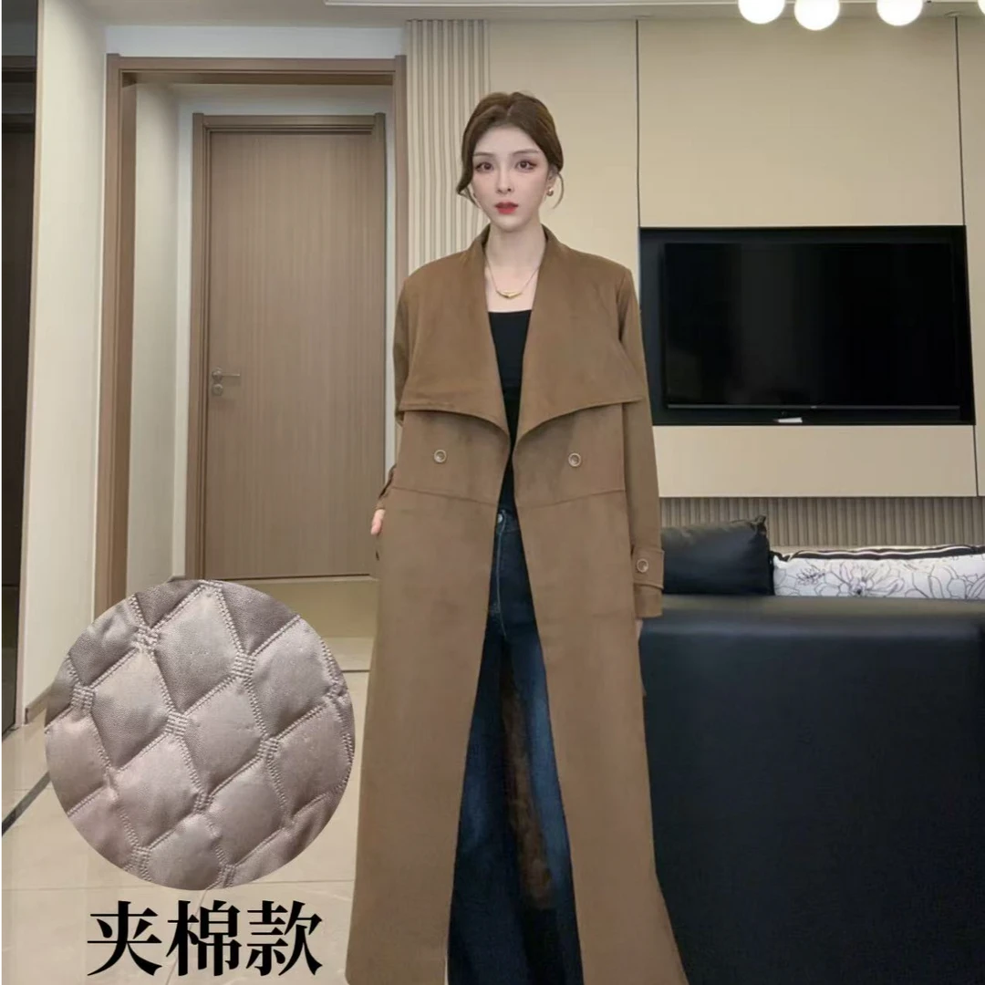 【酒曲豆】冬季新款气质百搭显瘦女长款老钱风翻领麂皮绒加棉大衣